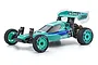 Kyosho Ultima WC World Spec 1987 Anniversary Edition RC buggy in teal with black racing decals and wheels on a white background.