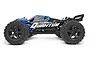 Side profile of a blue and black Maverick Quantum XT 1/10 scale RC truggy on a white background.