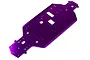 A purple anodized aluminium RC car chassis plate with various mounting holes and cutouts, viewed from a high angle against a white background.