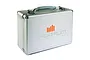 A silver aluminium Spektrum transmitter case with a grey handle, metal latches, and the Spektrum logo printed on the front.