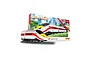 Hornby Playtrains High Speed Train set featuring a white, red, and yellow toy train on a curved track in front of its product packaging.