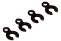 Four small black plastic suspension arm pin shim clips arranged in a diagonal line against a white background.