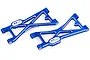 A pair of blue anodized aluminium rear lower suspension arms for an HSP RC car, featuring a machined triangular design with silver chamfered edges.