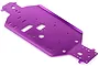 A purple anodized aluminium RC car chassis plate with various mounting holes and cutouts, viewed from an angle against a white background.
