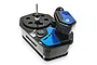 Raceform 1/10 scale RC tyre gluing jig with a black base, blue accents, and a central mounting post on a white background.