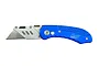 Excel Tools K55 folding utility knife with a bright blue textured handle and a silver metal blade, shown in an open position against a white background.