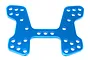 A blue anodised aluminium front shock tower for an RC car, featuring multiple mounting holes for suspension adjustment.