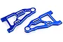 A pair of blue anodized aluminium front lower suspension arms for an RC car, featuring machined edges and white plastic pivot bushings.
