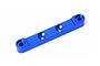 A blue anodized aluminum front upper suspension arm pin mount for an RC car, shown against a plain white background.