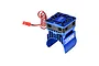 A blue GPM Racing aluminium motor heatsink with an integrated cooling fan, featuring a 35mm clip-on design and a red and black power connector wire.