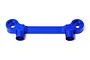 A blue anodized aluminium front lower suspension arm pin mount for an RC car, shown against a plain white background.