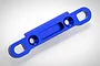 A blue anodized aluminium rear upper suspension arm pin mount for an HSP RC car, shown against a white background.