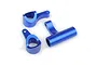 Three blue anodized aluminium RC steering components arranged on a white background.