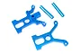 HSP blue anodised aluminium RC car parts including two mounting plates and two cylindrical posts on a white background.