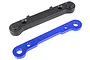 A black plastic suspension arm mount and a blue anodized aluminium suspension arm mount plate on a white background.