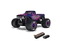 ARRMA Quake Grom 1/16 scale RC monster truck in purple and blue with a matching battery and charger on a white background.