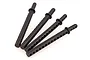 Four black plastic RC car body posts arranged in a fan shape against a white background.