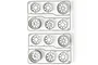 Two plastic sprues containing a total of 12 white RC car rims in various sizes, viewed from above against a white background.
