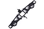 A pair of black plastic RC front lower suspension arms still attached to their original sprue tree on a white background.