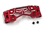 A red anodized aluminium upper suspension arm mount for RC cars by Yeah Racing, shown with two small black grub screws on a white background.