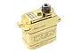 Power HD WT35 micro servo with a shiny gold-colored metal casing and a silver output spline, isolated on a white background.