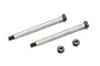 Two long metal hinge screws and two matching nylon lock nuts for RC suspension, isolated on a white background.