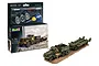 Revell 1/76 scale M19 Tank Transporter model kit box and a fully assembled, painted model of the military truck and trailer on a display base.