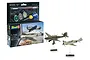 Revell 1/144 scale Messerschmitt Bf109E and Junkers Ju87B model aircraft twin pack kit with box, paints, glue, brush, and two assembled display models.