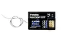 Futaba R203GF 3-channel 2.4GHz S-FHSS receiver with a coiled antenna wire on a white background.