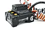 Castle Creations Cobra 8 sensored brushless ESC featuring a black cooling fan and gold-plated motor wire connectors on a white background.