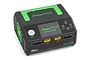 Gens Ace iMars D1000 G-Tech dual channel smart charger in black and green with a digital display, cooling fan, and charging ports.