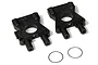 Two black plastic HSP centre differential mounts and two small metal O-rings on a white background.