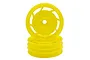 Two bright yellow RC car front rims stacked on top of each other against a white background.