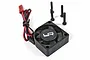 Yeah Racing Tornado Plus 30mm cooling fan with black housing, carbon fiber style center decal, red and black wires, and four mounting screws.