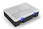 A rectangular Koswork tool box with a black base and a translucent lid, featuring two blue plastic latches on the front.