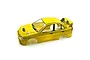 A yellow 1/10 scale Mitsubishi Lancer Evolution IV RC car body shell with pre-painted finish and rear spoiler.