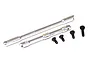 Two silver aluminium chassis braces and four black screws for RC cars on a white background.