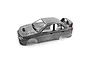 A silver painted 1/10 scale RC Mitsubishi Lancer Evo IV body shell shown from a high angle against a white background.