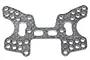A flat, grey carbon fibre rear shock tower for an RC car with multiple mounting holes and slots, isolated on a white background.
