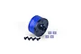 A GPM Racing blue aluminium and black steel differential case for RC cars, shown with four small screws and four square washers on a white background.