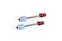 Two GPM Racing red aluminium and steel shock absorber shafts with white plastic spacers on a white background.