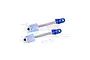 Two GPM Racing blue aluminium and steel RC shock absorber shafts with white plastic components and two small white washers on a white background.