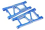 A pair of blue anodized aluminium rear lower suspension arms for an RC car, shown against a plain white background.