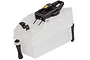 A translucent white plastic RC fuel tank with a black spring-loaded lid and brass fuel nipple, isolated on a white background.