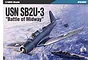 Box art for an Academy 1/48 scale USN SB2U-3 Battle of Midway model kit, featuring an illustration of a Vought SB2U Vindicator dive bomber over a warship.