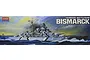 Box art for the Academy 1/350 scale Bismarck battleship model kit, featuring an illustration of the ship at sea.