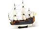 A detailed wooden model of the Le Soleil Royal flagship, featuring blue and white hull, intricate rigging, and white sails, displayed on a black stand.