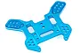 A blue anodized aluminium rear shock tower for an RC car, featuring multiple mounting holes and a flat, machined design.