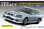 A promotional image for a Fujimi 1/24 scale Subaru Legacy Touring Wagon GT-B E-Tune II/Version B plastic model kit featuring a silver car.