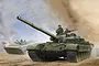 Box art illustration of a Trumpeter 1/35 scale Russian T-72A main battle tank moving through a dusty field with a secondary vehicle in the background.